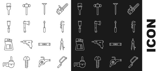 Set line Hacksaw, Drawing compass, Calliper or caliper and scale, Metallic nail, Wooden axe, Putty knife, Paint brush and Screwdriver icon. Vector