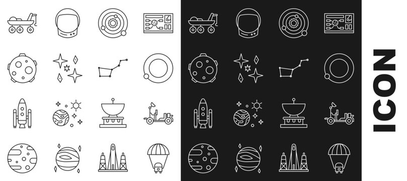Set line Planet Saturn, Mars rover, Satellites orbiting the planet Earth, Solar system, UFO abducts cow, and Great Bear constellation icon. Vector