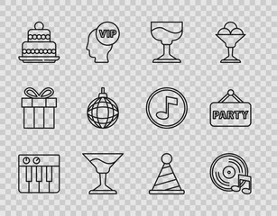 Set line Music synthesizer, Vinyl disk, Cocktail, Cake, Disco ball, Party hat and Signboard party icon. Vector