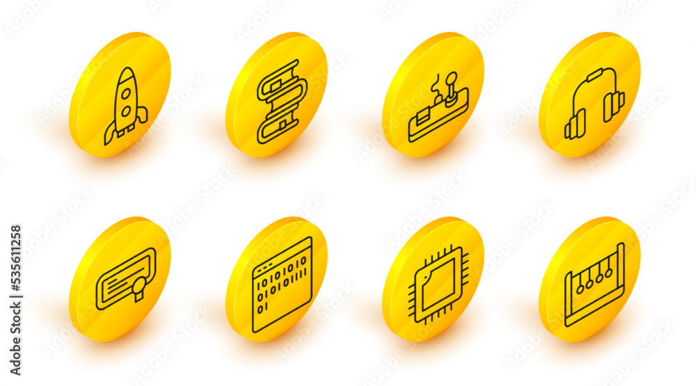 Poster set line pendulum, processor with cpu, binary code, certificate template, headphones, gamepad, book 