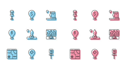 Set line Infographic of city map, Medical location with cross, Push pin, Road traffic sign, Location and monument, Monitor marker, and Cash icon. Vector