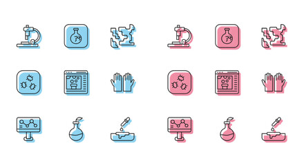 Set line Chemical formula, Plant breeding, Microscope, Petri dish with pipette, online, Medical rubber gloves, Bacteria and Cracked flask icon. Vector