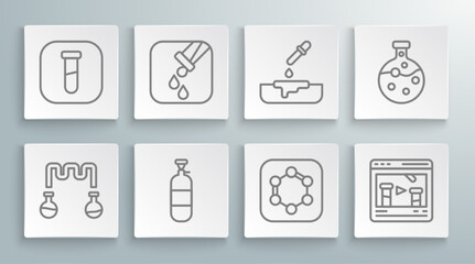 Set line Test tube and flask, Propane gas tank, Formula of benzene rings, Chemical online, Petri dish with pipette, and icon. Vector