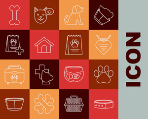 Set line Collar with name tag, Paw print, and heart, Dog, house, Bag of food for dog, bone and icon. Vector