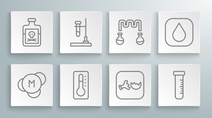 Set line Molecule, Test tube flask on fire, Medical thermometer, Broken, and, Water drop and Poison in bottle icon. Vector