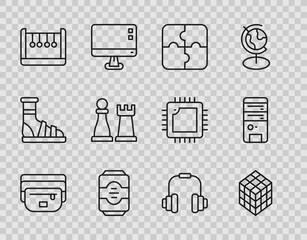 Set line Waist bag of banana, Rubik cube, Piece puzzle, Energy drink, Pendulum, Chess, Headphones and Computer icon. Vector