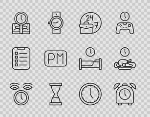 Set line Clock, Alarm clock, Always busy, Old hourglass with sand, Time is money, Day time, and Food icon. Vector