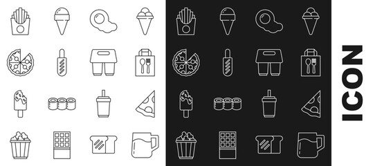 Set line Wooden beer mug, Slice of pizza, Online ordering and delivery, Scrambled eggs, Hotdog sandwich, Pizza, Potatoes french fries box and Coffee cup go icon. Vector