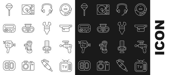 Set line Retro tv, Ray gun, Waist bag of banana, Headphones, Home stereo with two speakers, Pager, Lollipop and Swimsuit icon. Vector