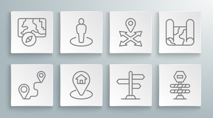 Set line Route location, Location with person, house, Road traffic sign, barrier, Folded map and City navigation icon. Vector