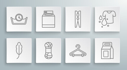 Set line Feather, Washer, Yarn, Hanger wardrobe, Laundry detergent, Clothes pin, Dirty t-shirt and Time wash icon. Vector