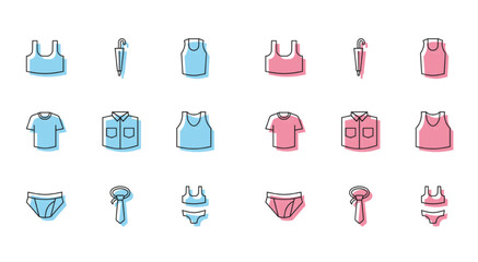 Set line Men underpants, Tie, Undershirt, Swimsuit, Shirt, T-shirt and Umbrella icon. Vector