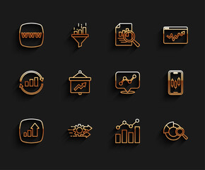 Set line Financial growth, Time management, Website template, Search data analysis, Board with graph, Mobile stock trading and Graph chart infographic icon. Vector