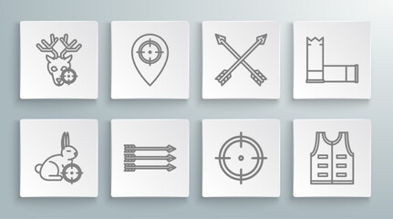 Naklejka premium Set line Hunt on rabbit with crosshairs, place, Hipster arrows, Target sport for shooting competition, Hunting jacket, Crossed, Cartridges and deer icon. Vector