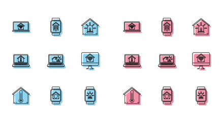 Set line House temperature, Smart watch with house under protection, Laptop smart home wi-fi, and alarm, Computer monitor, and icon. Vector