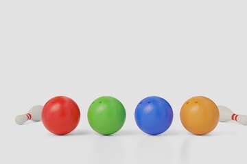 Bowling balls of different colors for the game. The skittles lie on the background of the balls. 3d rendering.