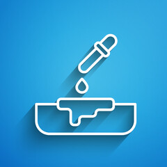 White line Petri dish with pipette icon isolated on blue background. Long shadow. Vector
