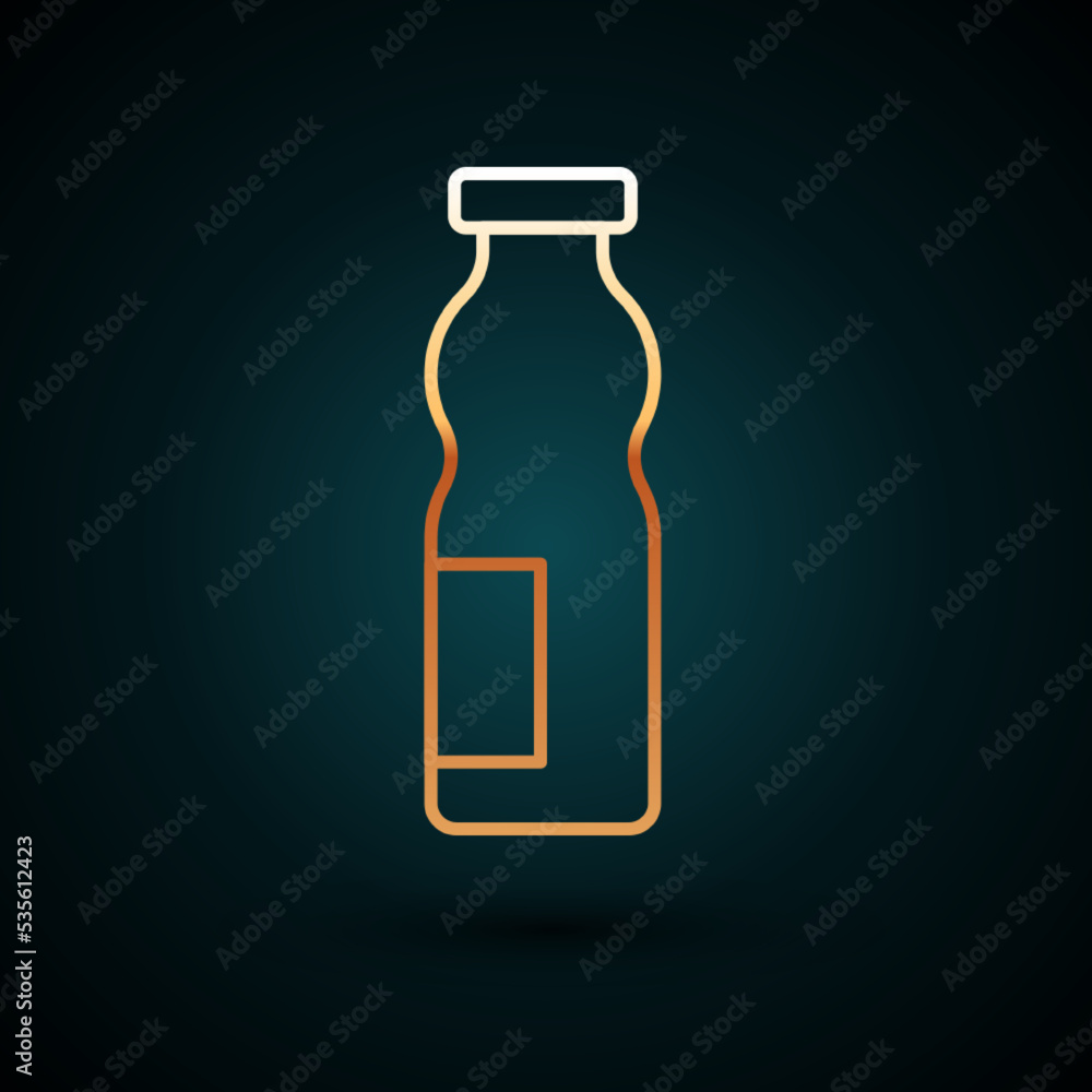 Sticker gold line drinking yogurt in bottle icon isolated on dark blue background. vector