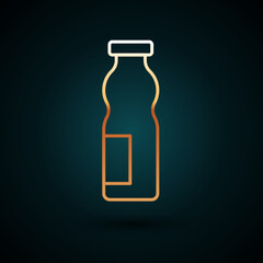 Gold line Drinking yogurt in bottle icon isolated on dark blue background. Vector