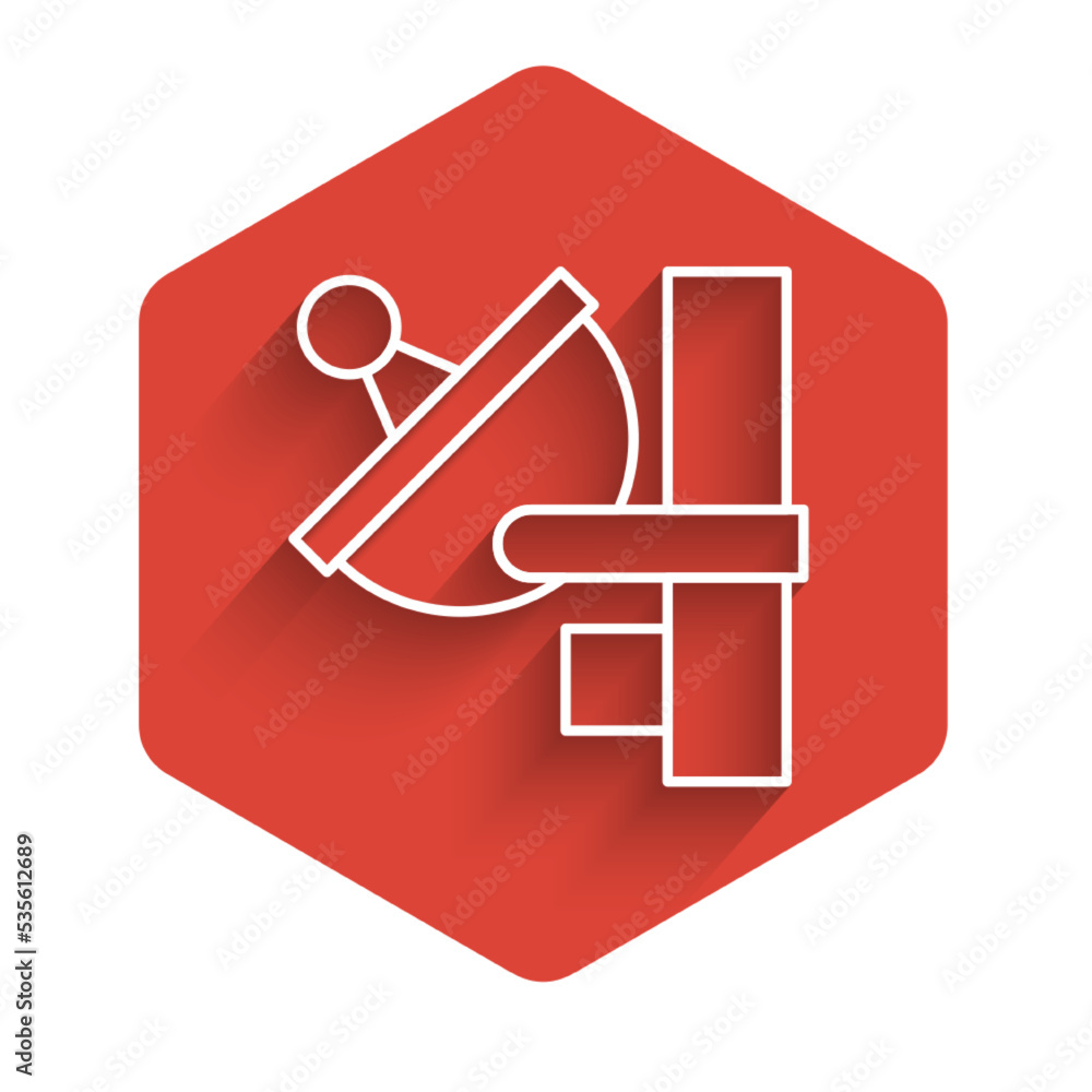 Poster white line radar icon isolated with long shadow background. search system. satellite sign. red hexag