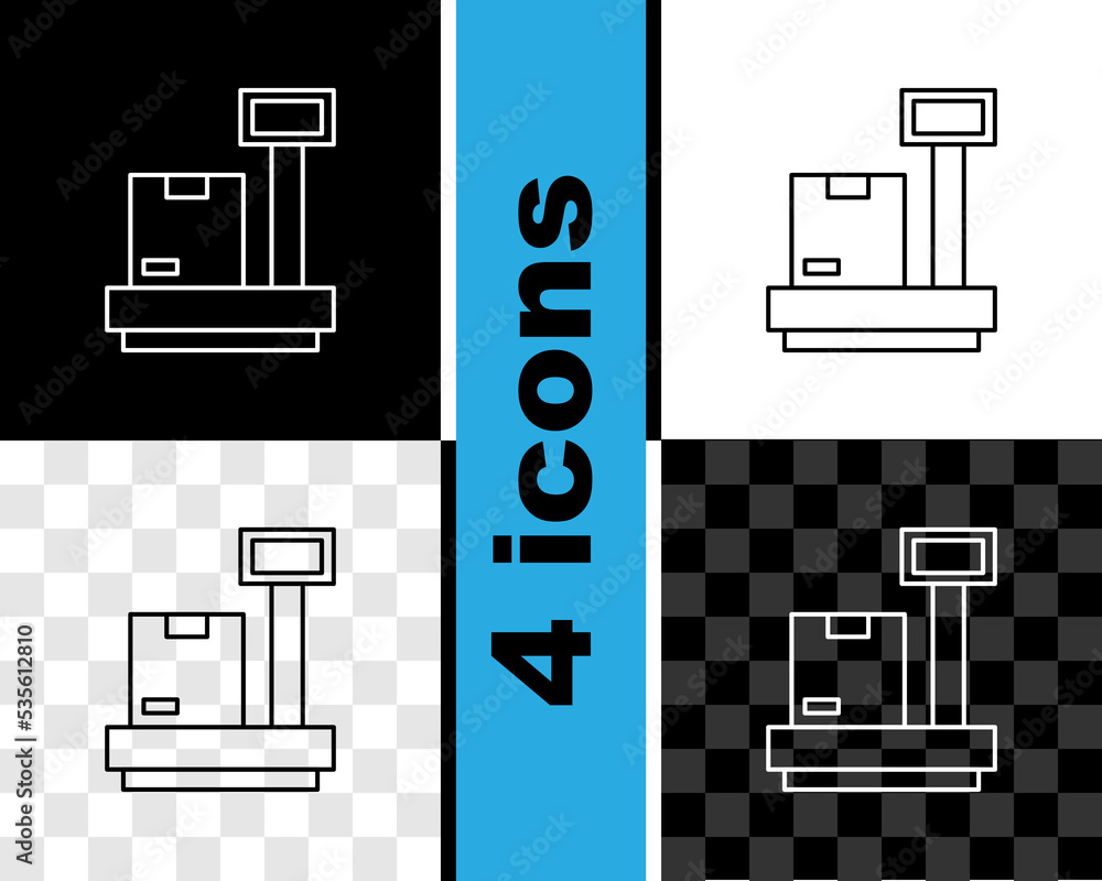 Poster set line scale with cardboard box icon isolated on black and white, transparent background. logistic