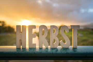 Herbst Schriftzug aus Holzbuchstaben im Wald mit verschiedenen Hintergründen.