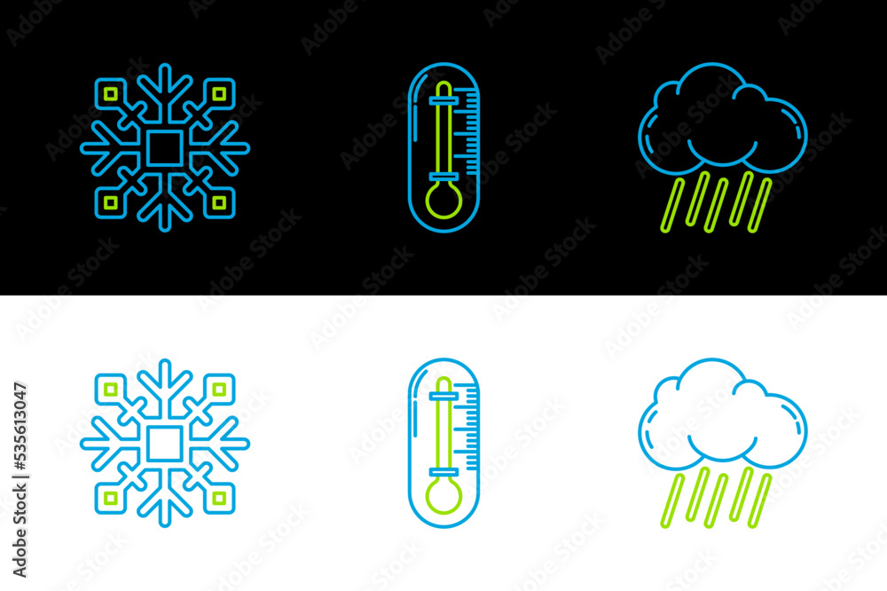 Poster set line cloud with rain, snowflake and thermometer icon. vector