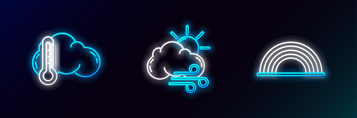 Set line Rainbow with clouds, Thermometer and and Windy weather icon. Glowing neon. Vector
