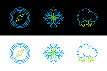 Set line Cloud with rain, Wind rose and Snowflake icon. Vector