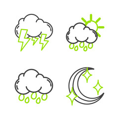 Set line Moon and stars, Cloud with rain, sun and Storm icon. Vector