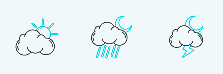 Set line Storm, Sun and cloud weather and Cloud with rain moon icon. Vector