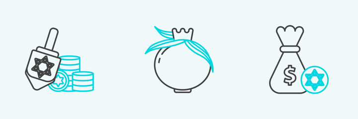 Set line Jewish money bag with star of david and coin, Hanukkah dreidel and Pomegranate icon. Vector