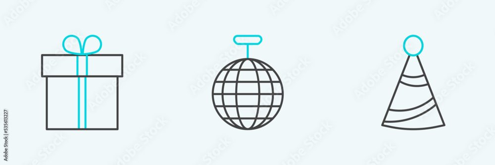 Sticker Set line Party hat, Gift box and Disco ball icon. Vector