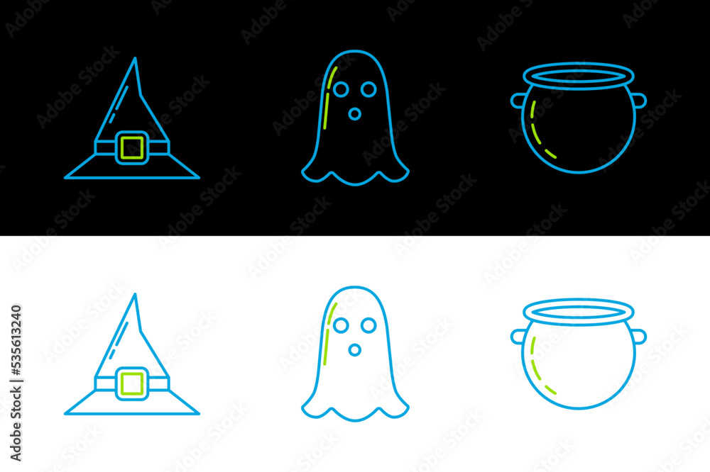 Canvas Prints set line halloween witch cauldron, witch hat and ghost icon. vector