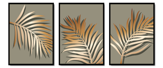 Botanical wall art vector set. Golden tropical foliage on a beige background. Abstract floral art design for wall prints, flyer, posters, home decor, covers.