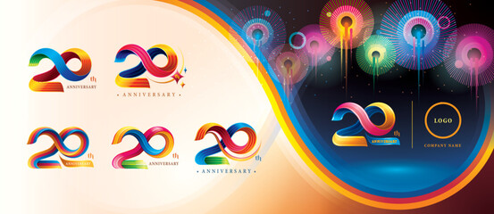 Set of 20th Anniversary Colorful logotype design, Twenty years celebration Logo. Abstract Twist Infinity multiple line Colorful