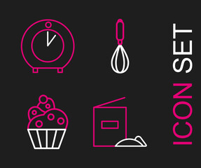Set line Flour pack, Cupcake, Kitchen whisk and timer icon. Vector
