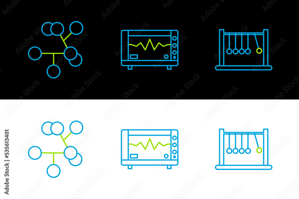 Aufkleber set line pendulum, molecule and computer monitor with cardiogram icon. vector