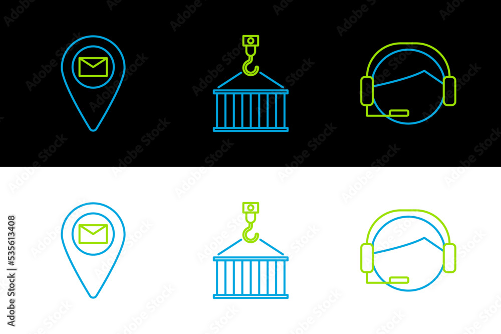 Poster set line support operator in touch, placeholder on map paper and container crane icon. vector