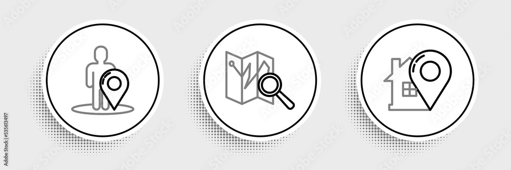 Poster set line map pointer with house, marker silhouette of person and folded map location icon. vector