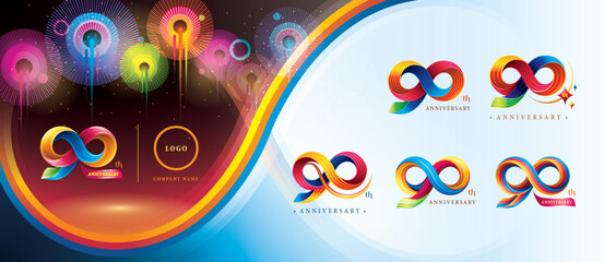 Set of 90th Anniversary Colorful logotype design, Ninety years celebration Logo. Abstract Twist Infinity multiple line Colorful