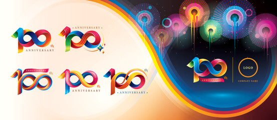 Set of 100th Anniversary Colorful logotype design, Hundred years celebration Logo. Abstract Twist Infinity multiple line Colorful