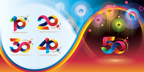 Set of 10 to 50 years Anniversary Colorful logotype design, 10,20,30,40,50 year, Abstract Twist Infinity multiple line Colorful with Star.