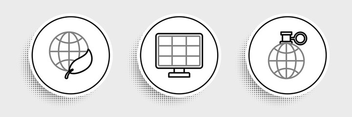 Set line Planet earth and a recycling, Earth globe leaf and Solar energy panel icon. Vector