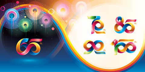 Obraz premium Set of 60 to 100 years Anniversary Colorful logotype design, 60;70;80;90;100 year, Abstract Twist Infinity multiple line Colorful Ribbon.