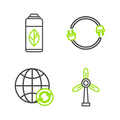 Set line Wind turbine, Planet earth and a recycling, Electric plug and Recycling plastic bottle icon. Vector