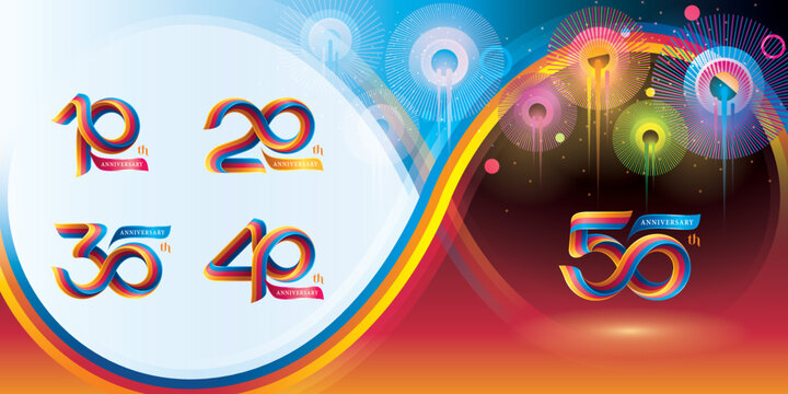 Set of 10 to 50 years Anniversary Colorful logotype design, 10,20,30,40,50 year, Abstract Twist Infinity multiple line Rainbow Ribbon.