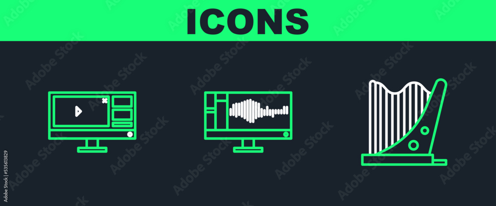 Poster set line harp, video recorder or editor software on monitor and sound audio icon. vector