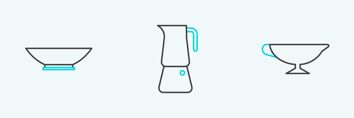 Set line Sauce boat, Bowl and Moka pot icon. Vector