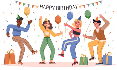 a group of young people are having fun and celebrating their birthday. People are holding balloons in their hands, there are gifts on the floor. Bright color vector illustration in a flat style